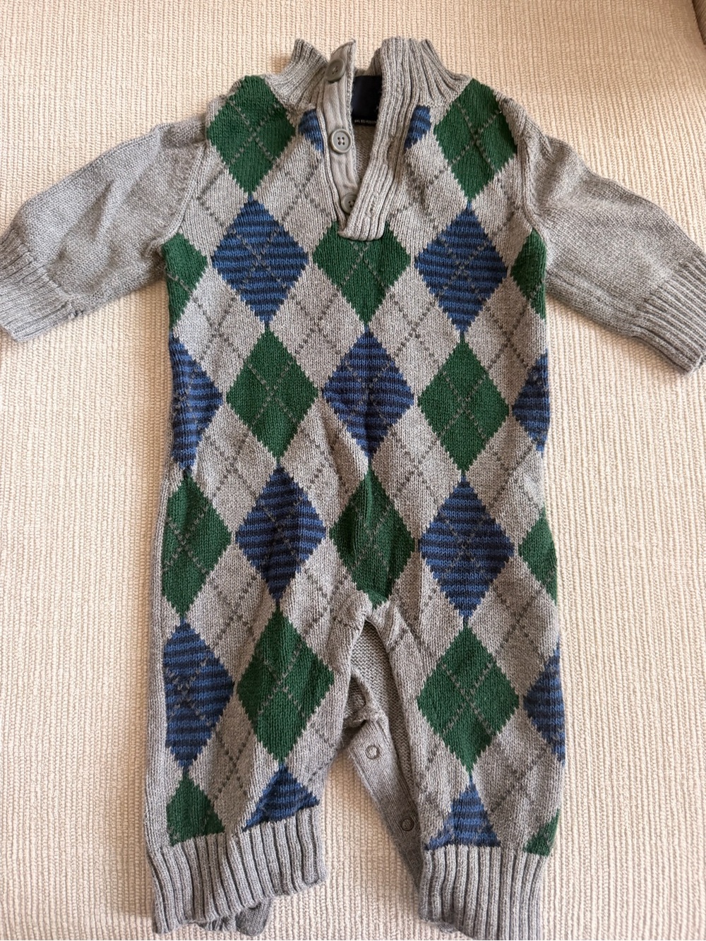 GAP Gray Knit Argyle One-Piece Bodysuit with Green & Blue Diamonds